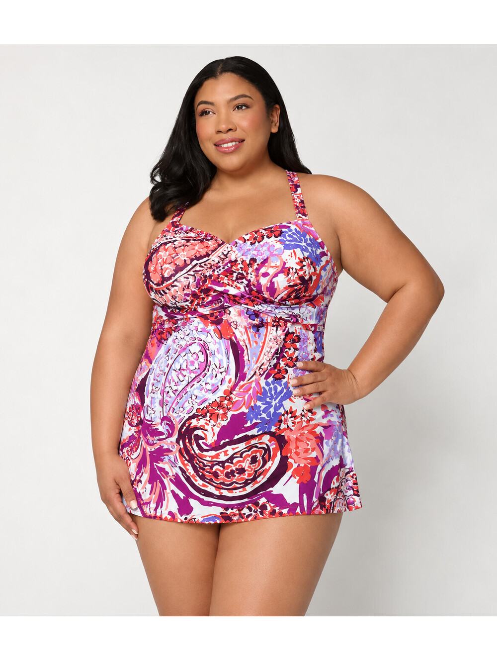 Denim & Co. Beach Square Neck Swim Dress with Separate Brief Berry Paisley, 18